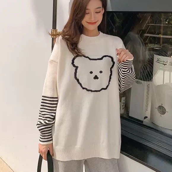 Bear sweater knit cream black stripe long sleeve crewneck cartoon - Picture 4 of 6